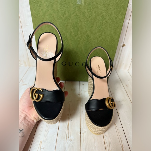 Gucci Nappa Matelasse GG Marmont Platform Espadrille Wedges Black Sz 35 / 5 - Picture 8 of 11
